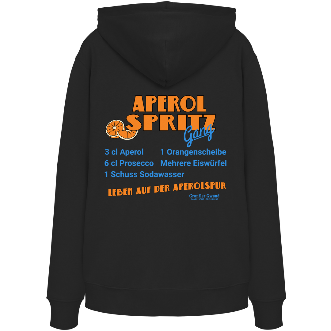 Schwarzer Unisex Hoodie mit großem Aperol Spritz Gang Backprint im Retro-Design mit Cocktail-Rezept. Hochwertiger Premium Hoodie für Sommer, Biergarten, Festival, Urlaub und moderne Streetwear. Designed und bedruckt in Bayern von Grantler Gwa