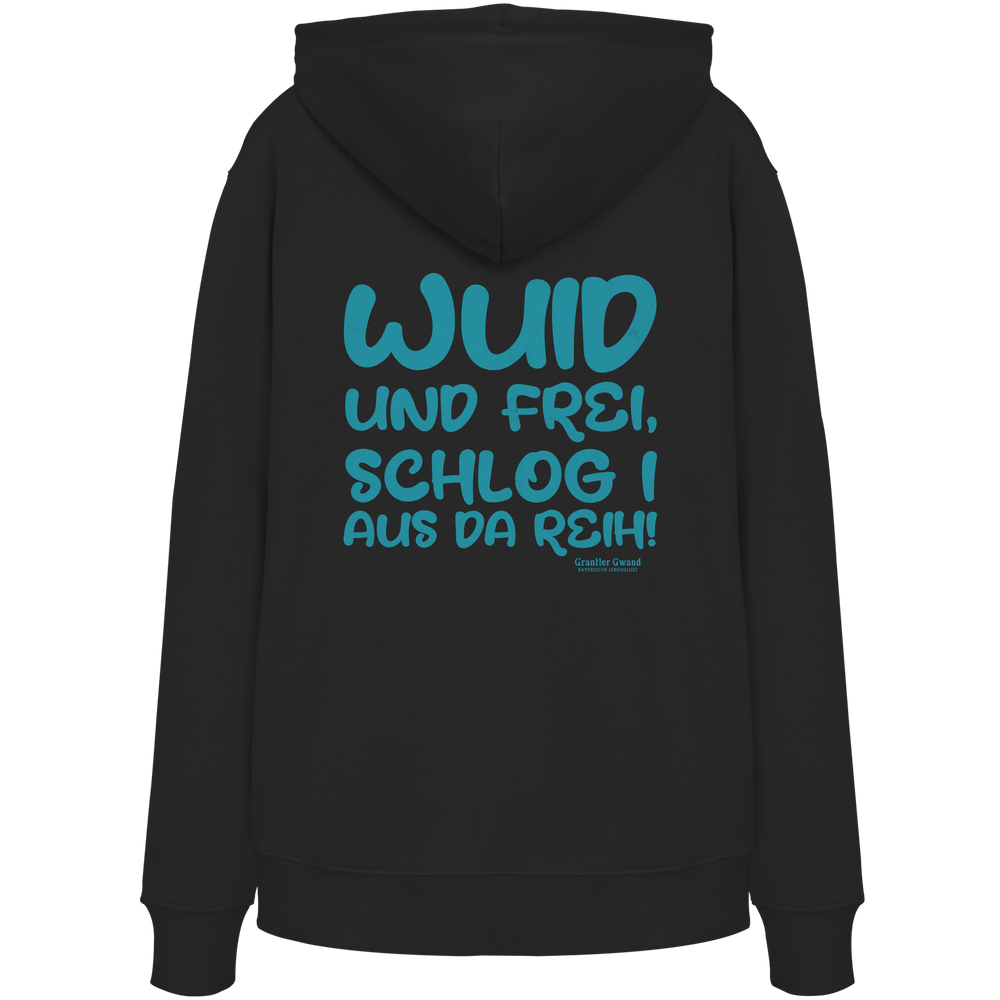 Schwarzer Wuid und frei Hoodie mit großem Backprint und bayerischem Spruch. Unisex Streetwear Kapuzenpullover aus Baumwollmischung für Biergarten, Volksfest und Freizeit. Designed und bedruckt in Bayern von Grantler Gwand.