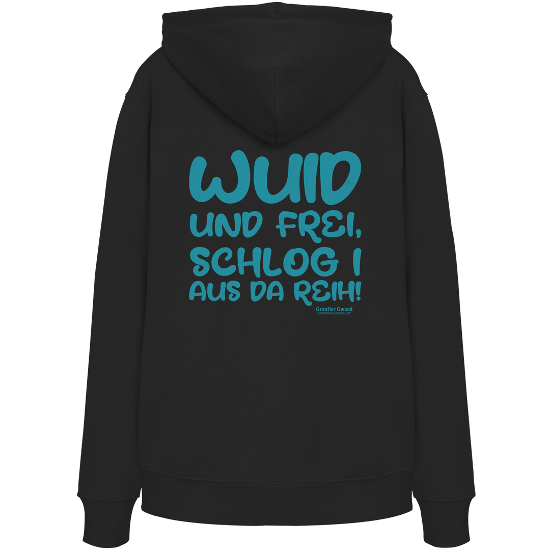 Schwarzer Wuid und frei Hoodie mit großem Backprint und bayerischem Spruch. Unisex Streetwear Kapuzenpullover aus Baumwollmischung für Biergarten, Volksfest und Freizeit. Designed und bedruckt in Bayern von Grantler Gwand.
