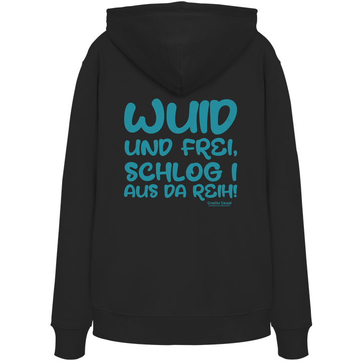 Schwarzer Wuid und frei Hoodie mit großem Backprint und bayerischem Spruch. Unisex Streetwear Kapuzenpullover aus Baumwollmischung für Biergarten, Volksfest und Freizeit. Designed und bedruckt in Bayern von Grantler Gwand.