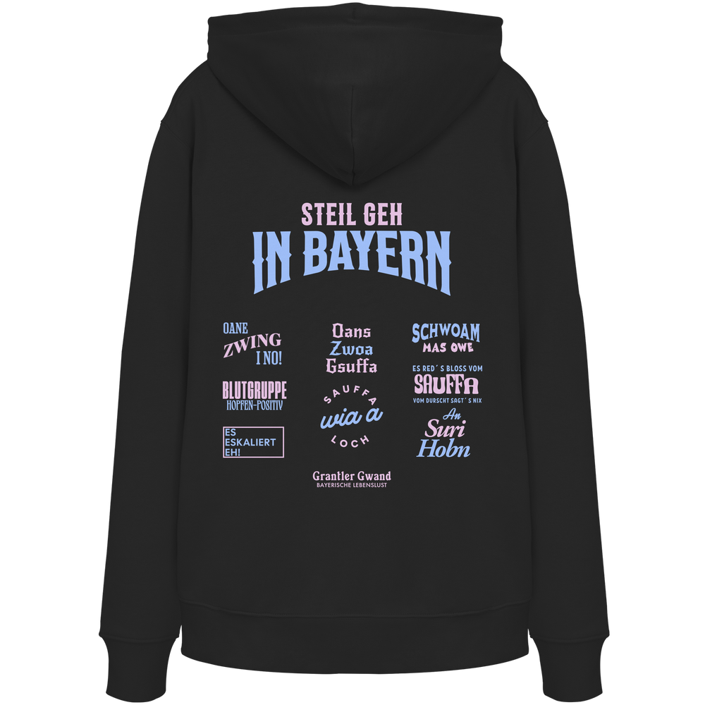 schwarzer Hoodie mit großem Backprint aus mehreren bayerischen Dialektsprüchen im modernen Typografie-Design von Grantler Gwand.