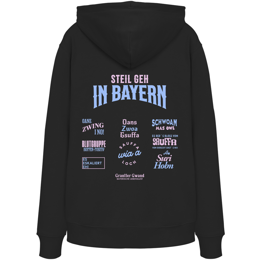 schwarzer Hoodie mit großem Backprint aus mehreren bayerischen Dialektsprüchen im modernen Typografie-Design von Grantler Gwand.
