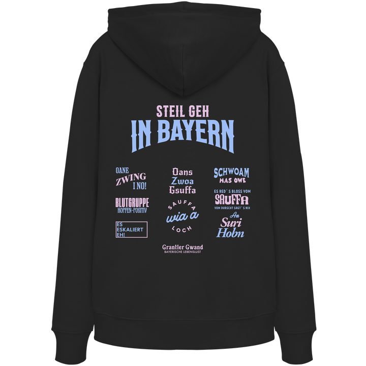 schwarzer Hoodie mit großem Backprint aus mehreren bayerischen Dialektsprüchen im modernen Typografie-Design von Grantler Gwand.