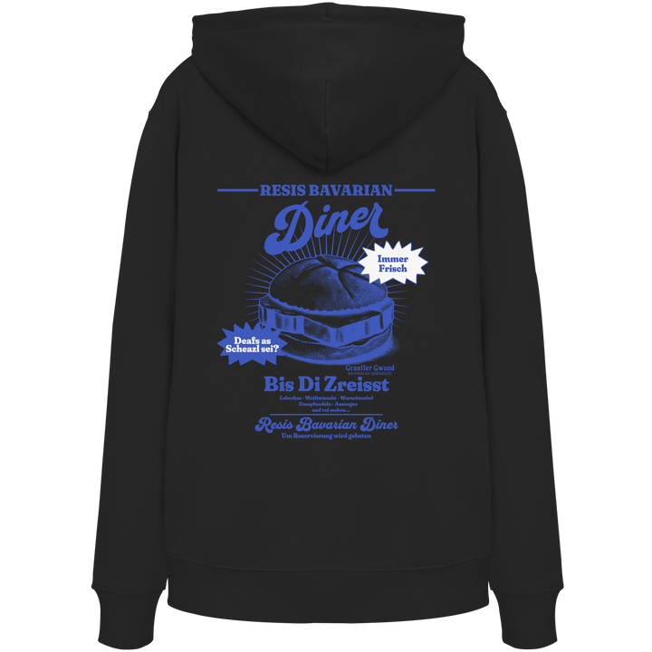 Schwarzer Hoodie mit Backprint „Resis Bavarian Diner“ – bayerischer Streetwear Hoodie mit Leberkässemmel im Retro-Diner-Design und Vintage-Print von Grantler Gwand.