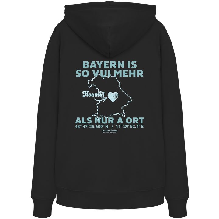 Schwarzer Unisex Hoodie von Grantler Gwand mit grünem Backprint „Bayern is so vui mehr als nur a Ort“ und Bayern-Silhouette – bayerischer Streetwear Hoodie für Alltag und Volksfest.