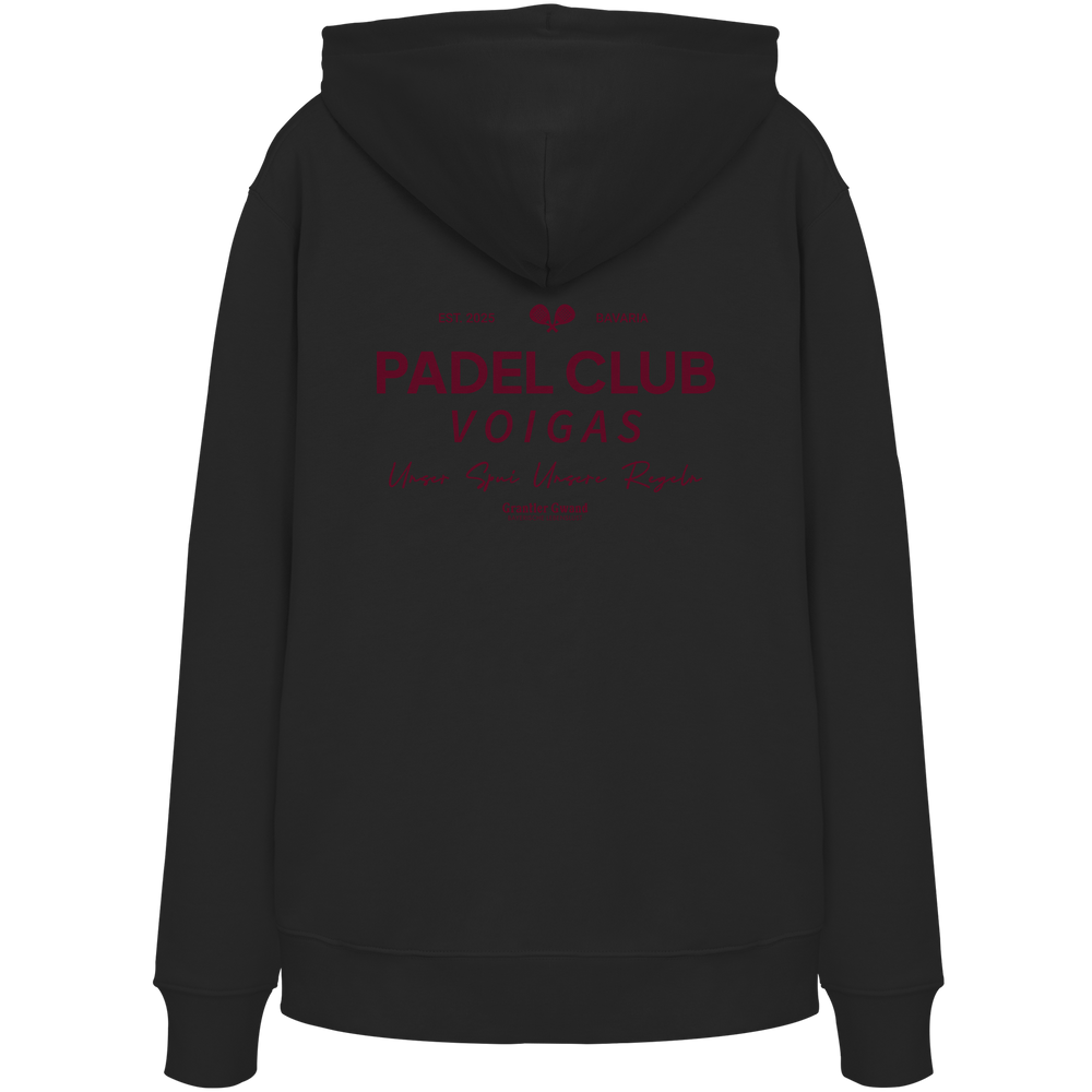 Schwarzer Unisex Hoodie mit rotem „Padel Club“-Backprint – hochwertiger Streetwear-Hoodie von Grantler Gwand für Padel-Fans.