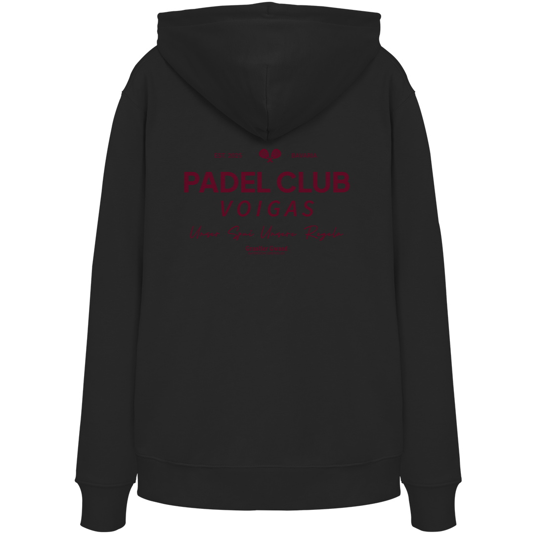 Schwarzer Unisex Hoodie mit rotem „Padel Club“-Backprint – hochwertiger Streetwear-Hoodie von Grantler Gwand für Padel-Fans.