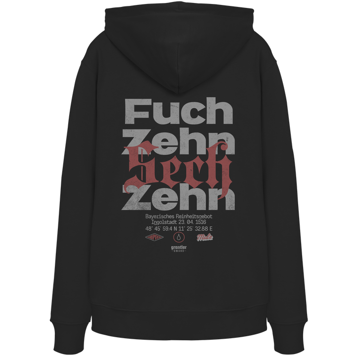 Schwarzer Hoodie mit großem typografischen Backprint „Fuchzehn“ und roten Akzenten, inspiriert vom Bayerischen Reinheitsgebot von 1516.