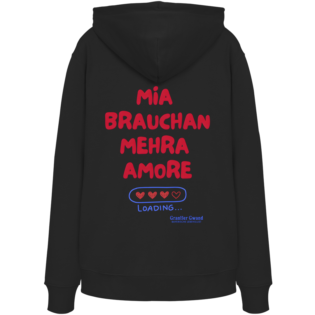 Schwarzer Hoodie mit großem Backprint "Mia brauchan mehra Amore" und Herz-Ladebalken im bayerischen Streetwear-Design von Grantler Gwand.
