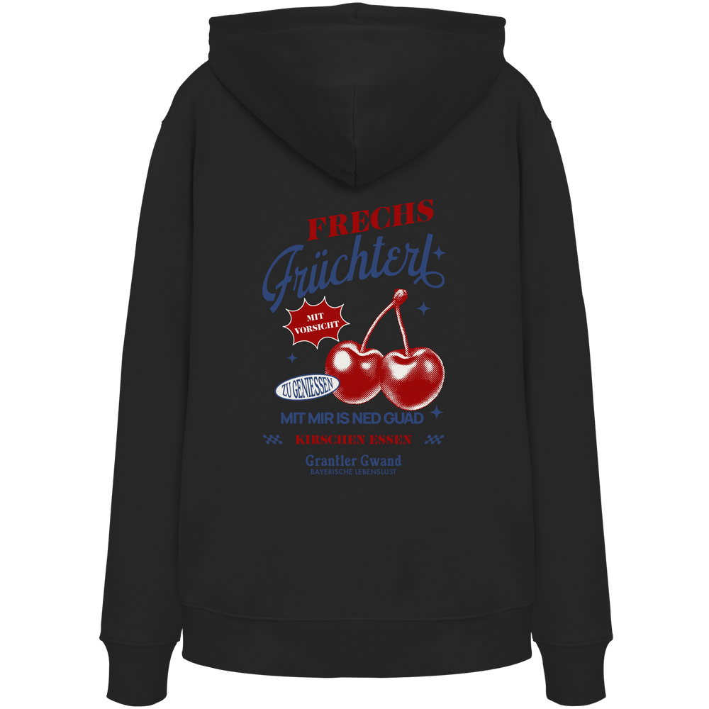 Schwarzer Unisex Hoodie mit „Frechs Früchterl“-Backprint und Kirschen-Motiv – bayerische Streetwear von Grantler Gwand im modernen Retro-Look.
