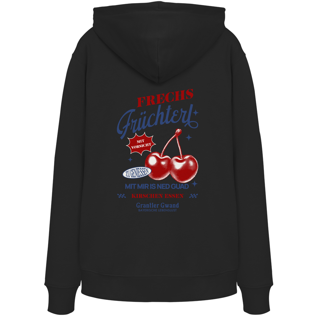 Schwarzer Unisex Hoodie mit „Frechs Früchterl“-Backprint und Kirschen-Motiv – bayerische Streetwear von Grantler Gwand im modernen Retro-Look.