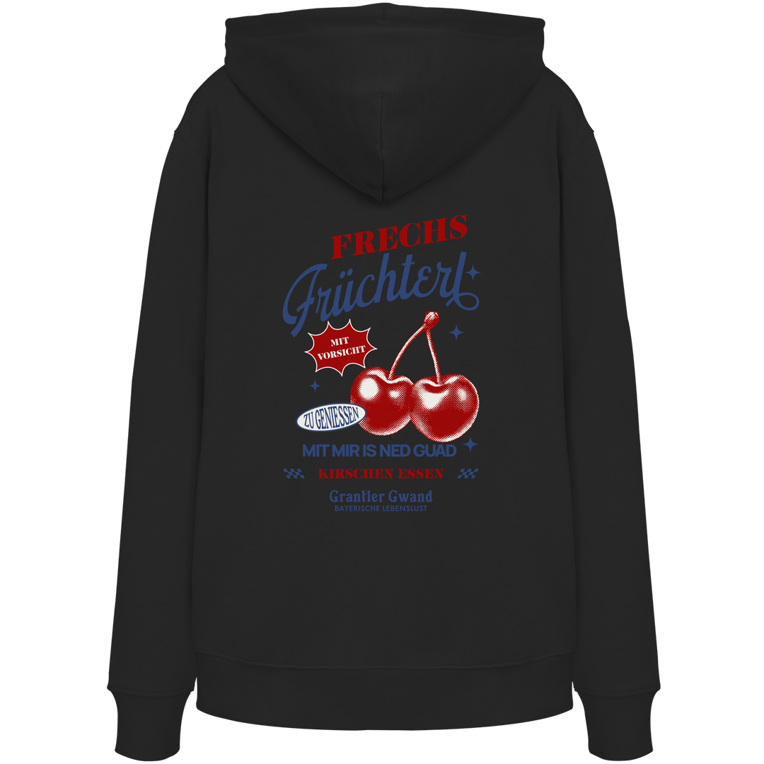 Schwarzer Unisex Hoodie mit „Frechs Früchterl“-Backprint und Kirschen-Motiv – bayerische Streetwear von Grantler Gwand im modernen Retro-Look.