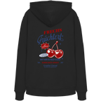 Schwarzer Unisex Hoodie mit „Frechs Früchterl“-Backprint und Kirschen-Motiv – bayerische Streetwear von Grantler Gwand im modernen Retro-Look.