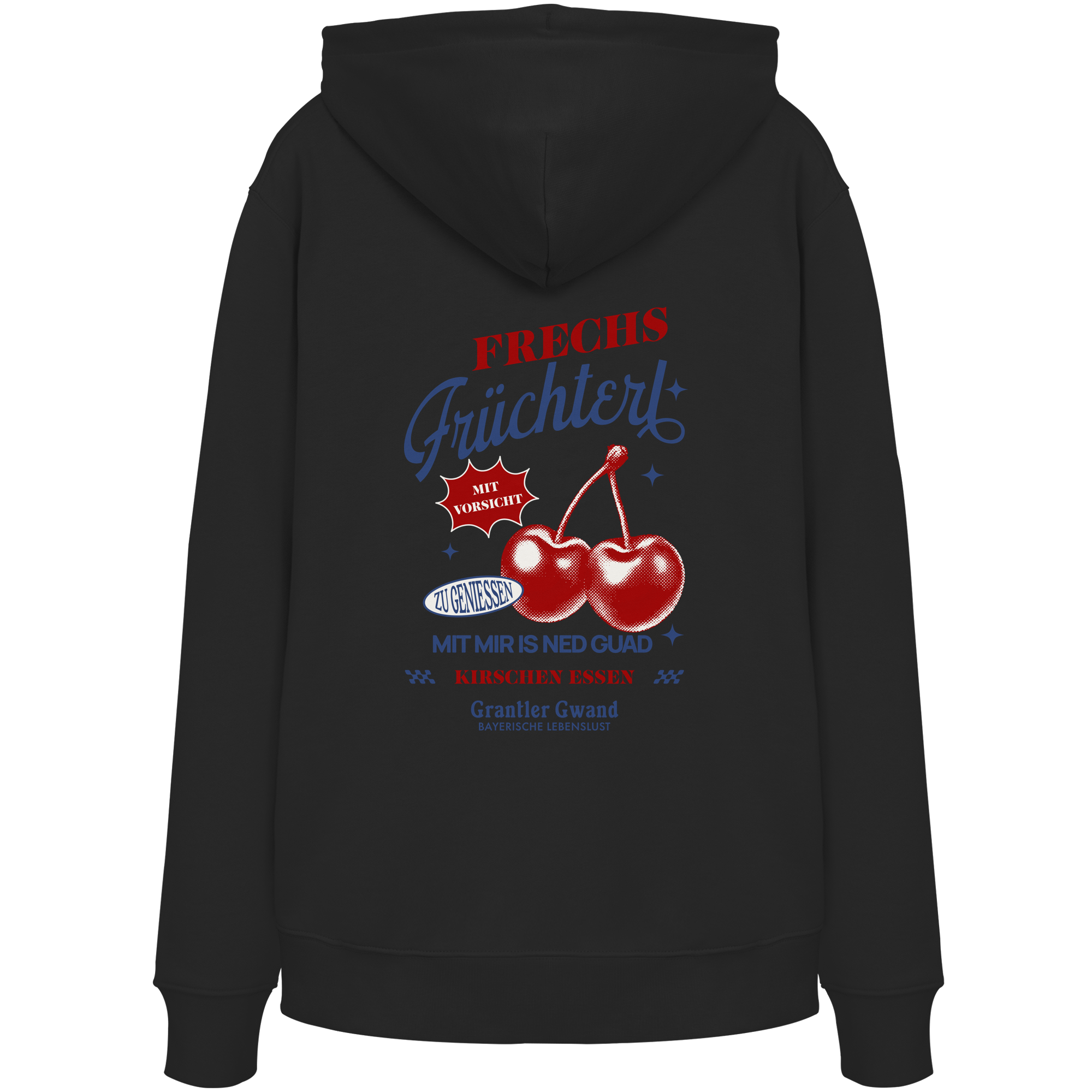 Schwarzer Unisex Hoodie mit „Frechs Früchterl“-Backprint und Kirschen-Motiv – bayerische Streetwear von Grantler Gwand im modernen Retro-Look.