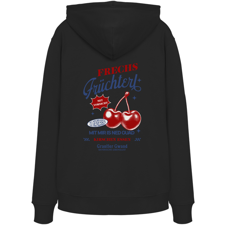 Schwarzer Unisex Hoodie mit „Frechs Früchterl“-Backprint und Kirschen-Motiv – bayerische Streetwear von Grantler Gwand im modernen Retro-Look.