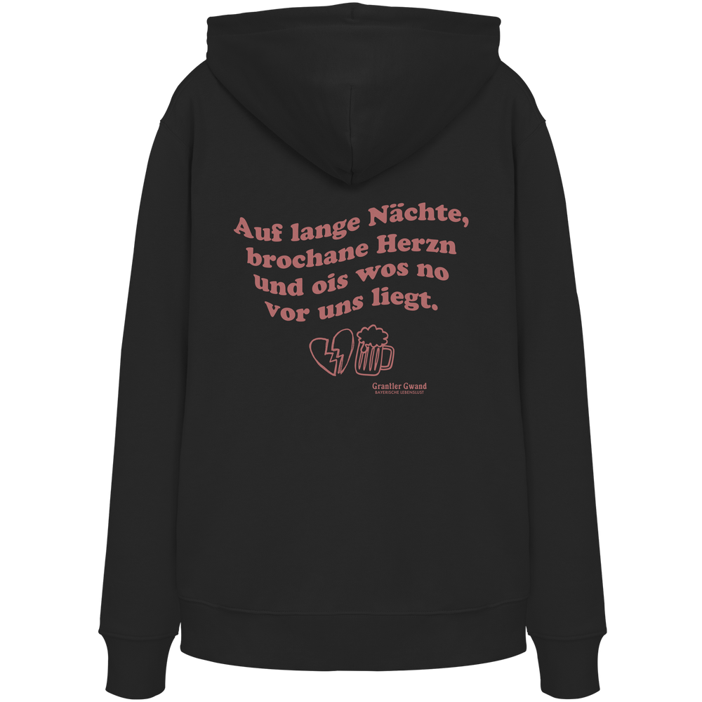 Schwarzer Unisex Hoodie mit rotem Rückendruck „auf lange Nächte“ im Vintage-Look von Grantler Gwand aus hochwertiger Bio-Baumwolle.