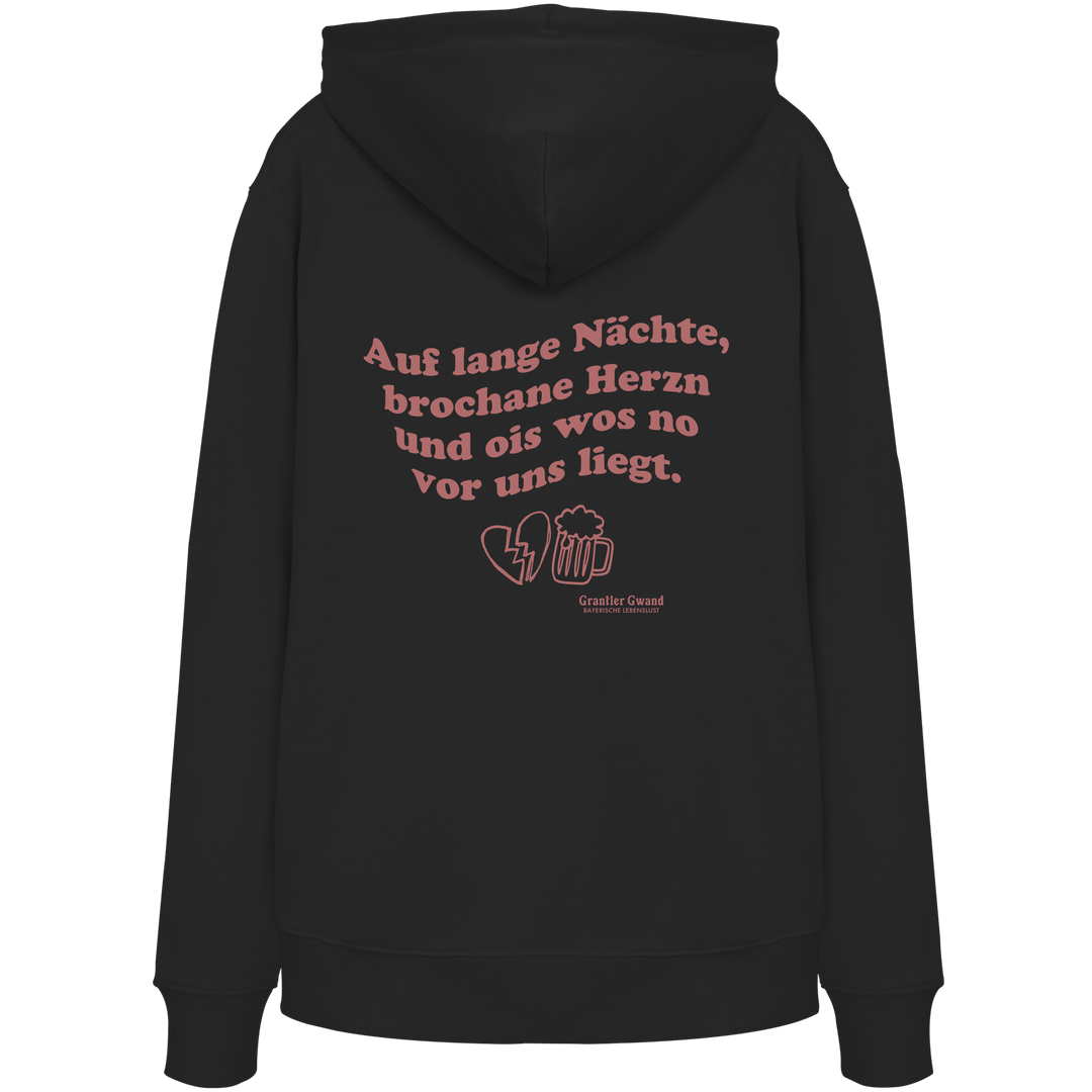 Schwarzer Unisex Hoodie mit rotem Rückendruck „auf lange Nächte“ im Vintage-Look von Grantler Gwand aus hochwertiger Bio-Baumwolle.