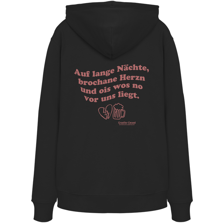 Schwarzer Unisex Hoodie mit rotem Rückendruck „auf lange Nächte“ im Vintage-Look von Grantler Gwand aus hochwertiger Bio-Baumwolle.