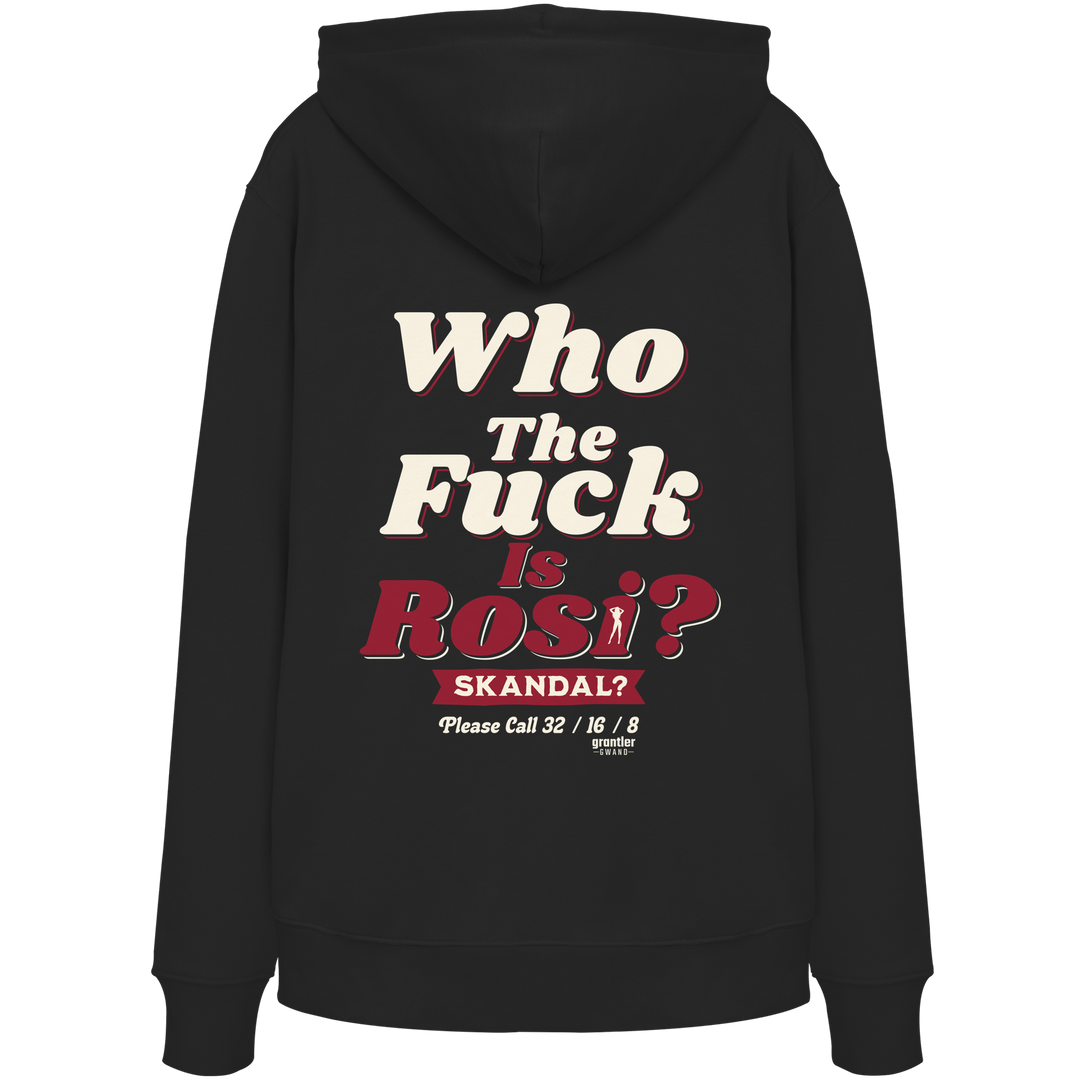 Schwarzer Hoodie mit großem Backprint „Who The Fuck Is Rosi? Skandal?“ im Retro-Design in Weiß und Rot.