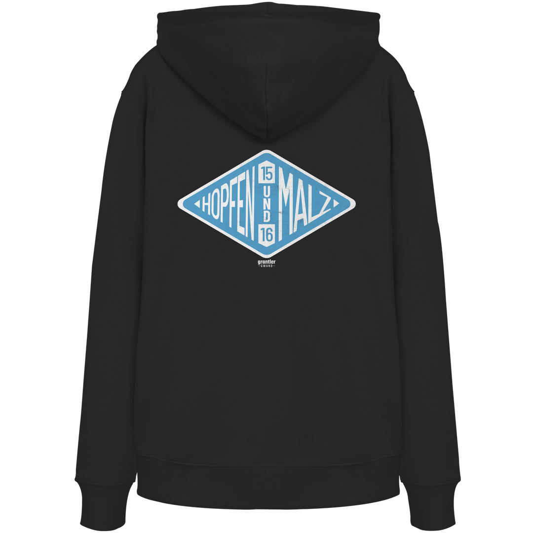 Schwarzer Hoodie mit hellblauem „Hopfen & Malz“-Backprint im Vintage-Stil und modernem bayerischen Streetwear-Design.