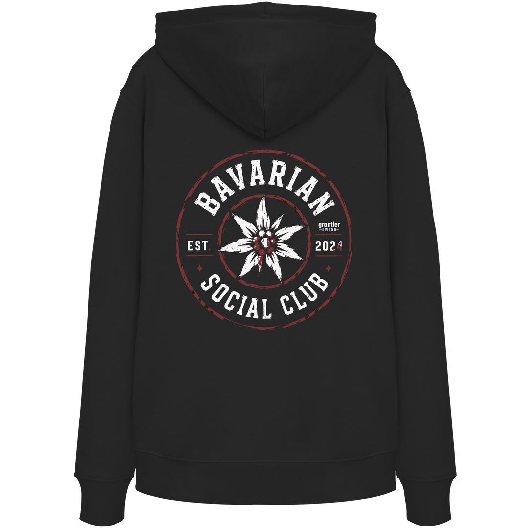Schwarzer Hoodie mit großem runden „Bavarian Social Club“-Backprint, weißem Edelweiß in der Mitte sowie Vintage-Details in Weiß und Dunkelrot.