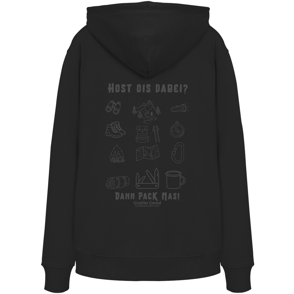 Schwarzer Hoodie mit Backprint „Host ois dabei“ – bayerischer Outdoor Hoodie mit Wander-, Camping- und Bergsport-Motiv von Grantler Gwand.