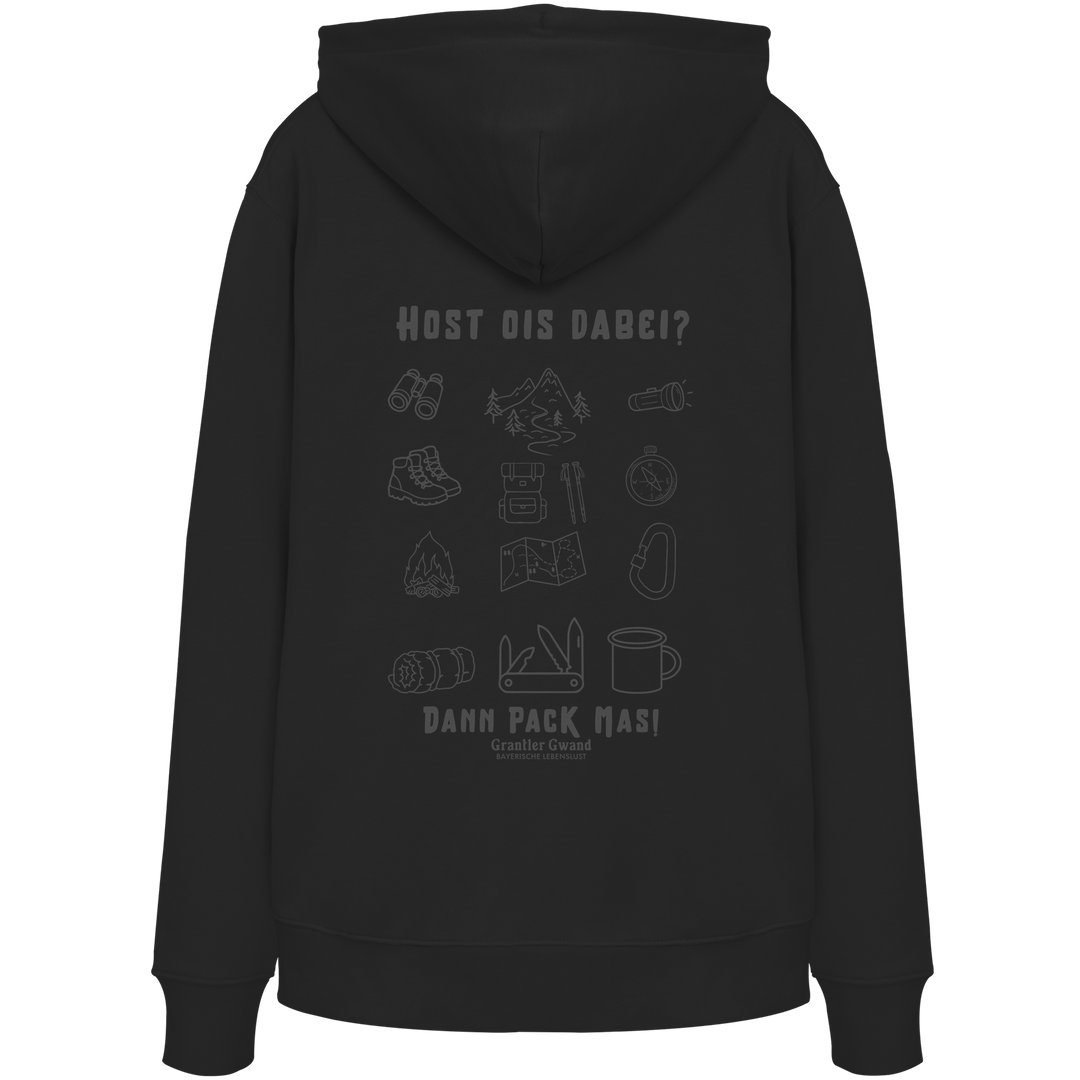 Schwarzer Hoodie mit Backprint „Host ois dabei“ – bayerischer Outdoor Hoodie mit Wander-, Camping- und Bergsport-Motiv von Grantler Gwand.