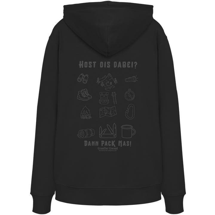 Schwarzer Hoodie mit Backprint „Host ois dabei“ – bayerischer Outdoor Hoodie mit Wander-, Camping- und Bergsport-Motiv von Grantler Gwand.