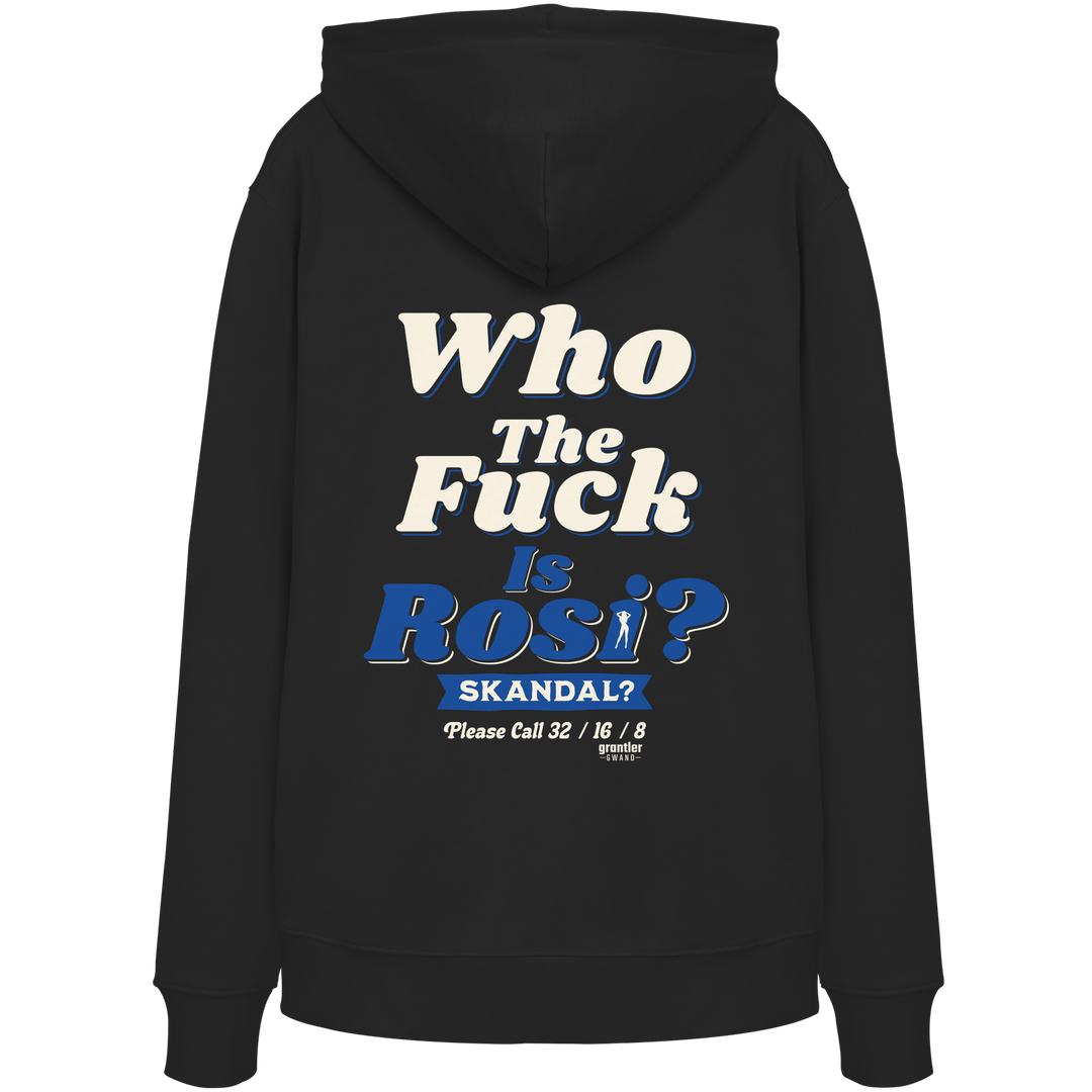 Schwarzer Hoodie mit großem Backprint „Who The Fuck Is Rosi? Skandal?“ in Creme und Blau im Retro-Stil.