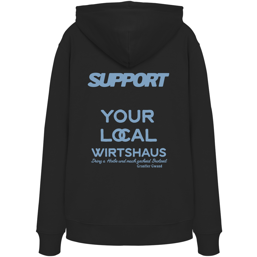 „Schwarzer Unisex Hoodie mit großem, blauem Backprint &