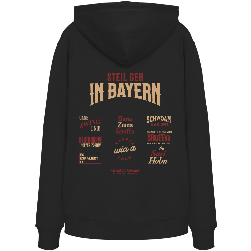 Schwarzer Hoodie mit großem Backprint aus mehreren bayerischen Dialektsprüchen im modernen Typografie-Design von Grantler Gwand.