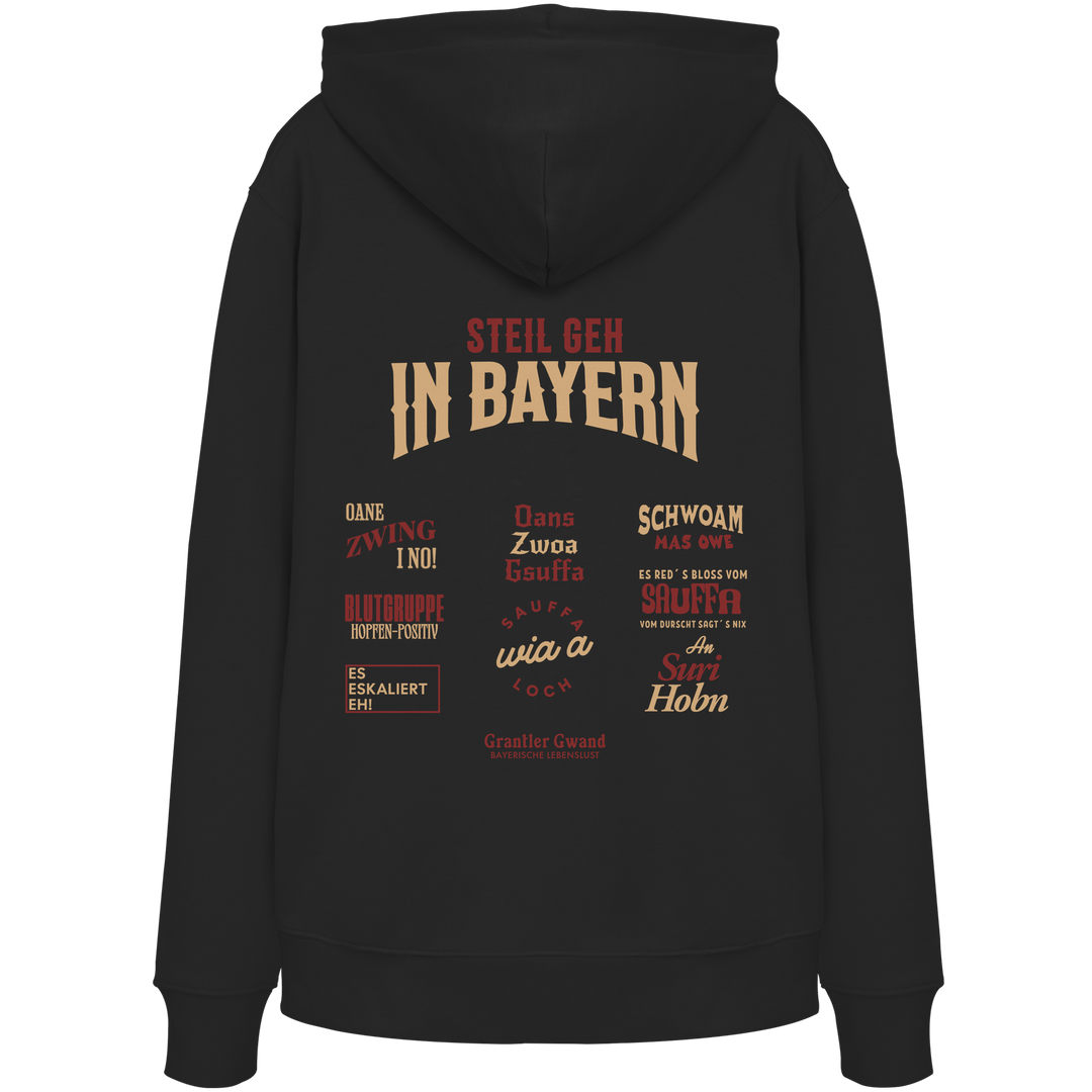 Schwarzer Hoodie mit großem Backprint aus mehreren bayerischen Dialektsprüchen im modernen Typografie-Design von Grantler Gwand.