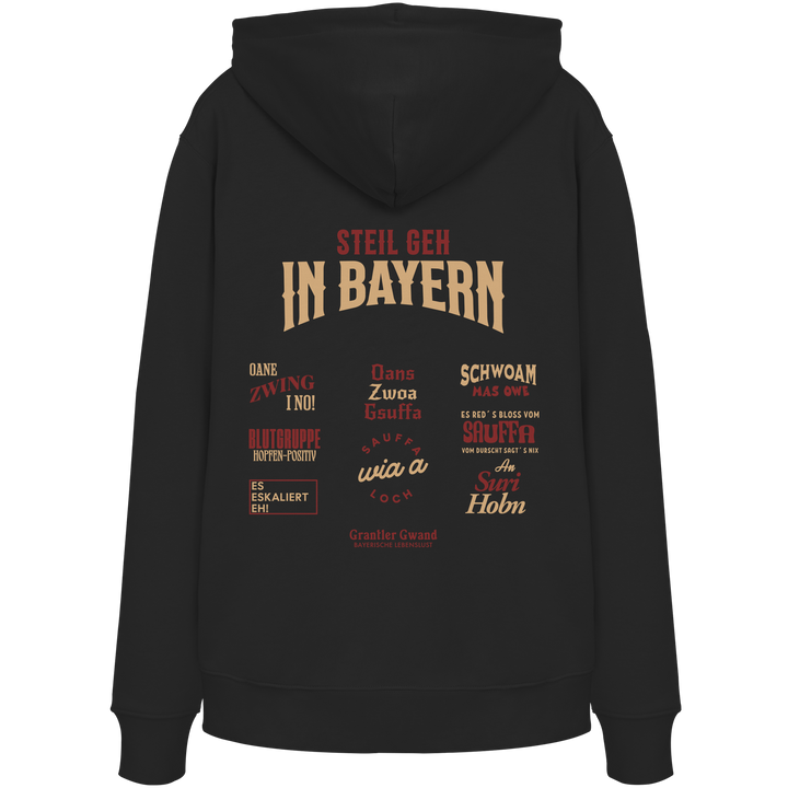 Schwarzer Hoodie mit großem Backprint aus mehreren bayerischen Dialektsprüchen im modernen Typografie-Design von Grantler Gwand.