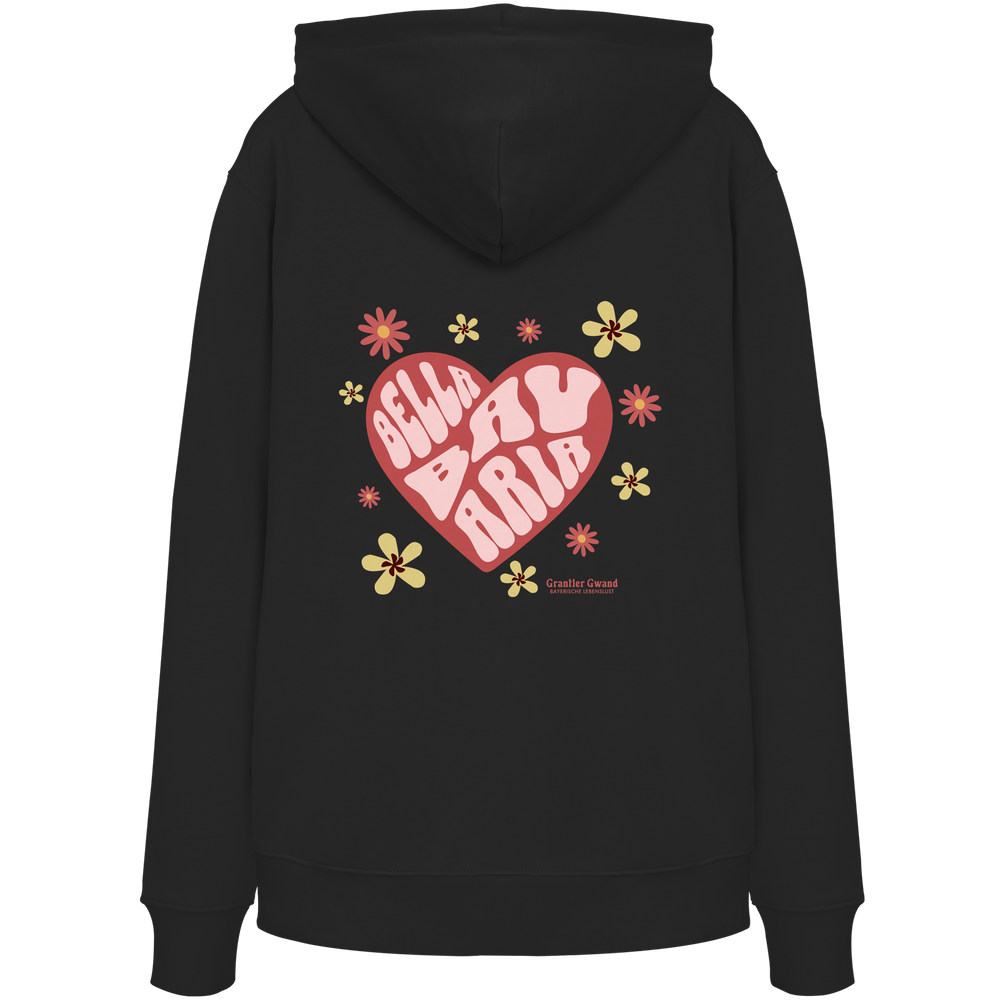 Schwarzer Unisex Hoodie mit großem Herzmotiv und bayerischem Bella Bavaria Schriftzug auf dem Rücken – hochwertiger Hoodie von Grantler Gwand.