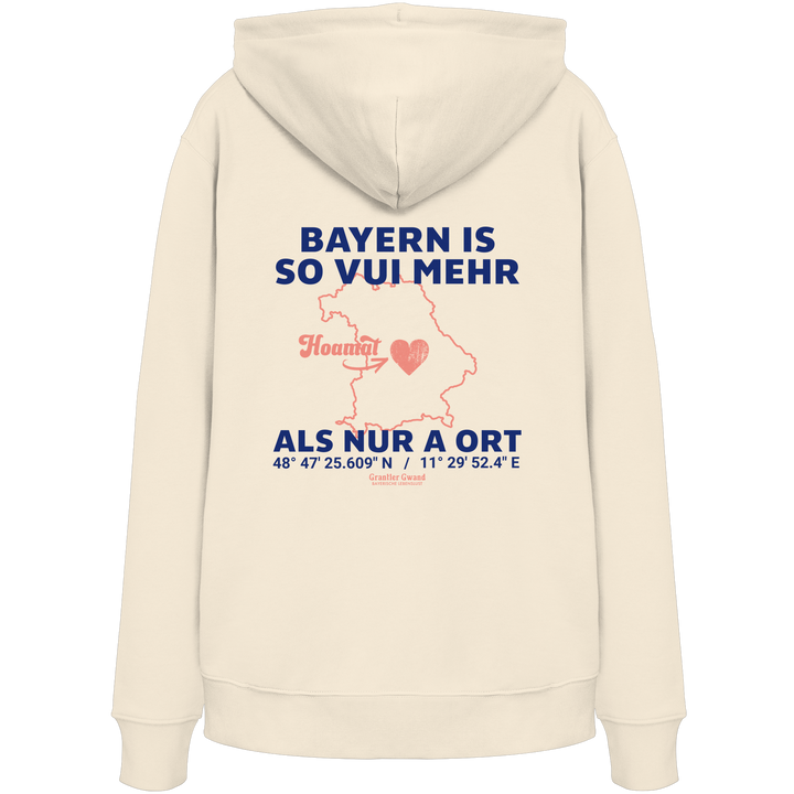 Cremefarbener Unisex Hoodie von Grantler Gwand mit blauem Backprint „Bayern is so vui mehr als nur a Ort“, Herzsymbol und Bayern-Silhouette – bayerischer Streetwear Hoodie.