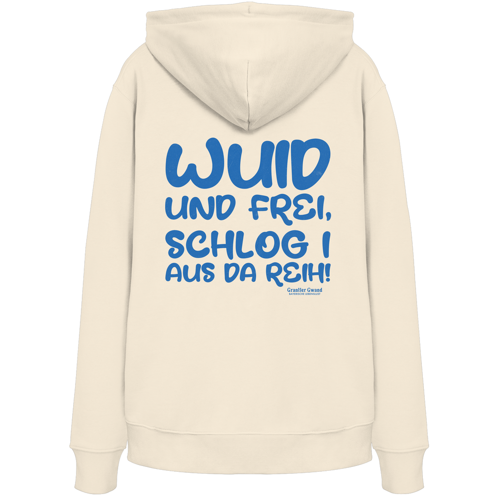 Wuid und frei schlog i aus da Reih - blaue Variante - Backprint - Hoodie
