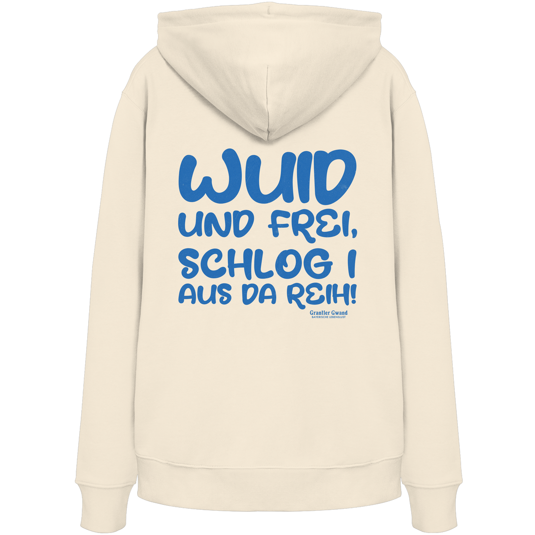 Beiger Wuid und frei Hoodie mit großem blauen Backprint und bayerischem Spruch. Unisex Kapuzenhoodie aus hochwertiger Baumwollmischung für Streetwear, Biergarten, Volksfest und Freizeit. Designed und bedruckt in Bayern von Grantler Gwand.