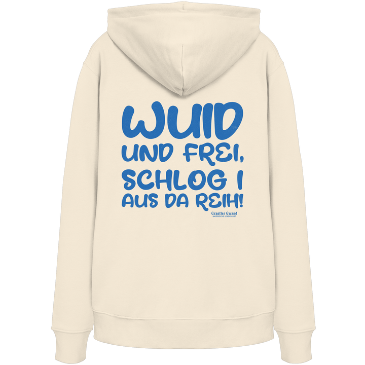 Beiger Wuid und frei Hoodie mit großem blauen Backprint und bayerischem Spruch. Unisex Kapuzenhoodie aus hochwertiger Baumwollmischung für Streetwear, Biergarten, Volksfest und Freizeit. Designed und bedruckt in Bayern von Grantler Gwand.