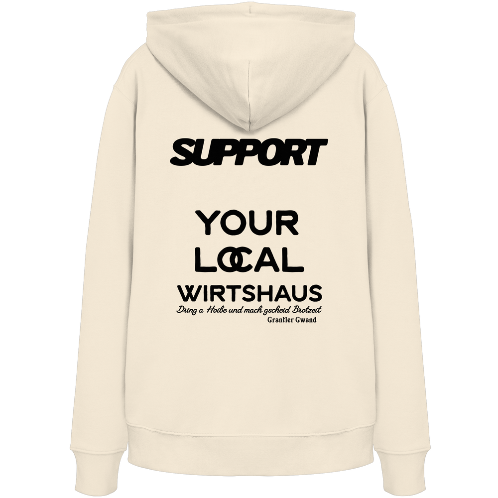 „Beiger Unisex Hoodie mit schwarzem Backprint 'Support Your Local Wirtshaus' im markanten Typografie-Design von Grantler Gwand.“