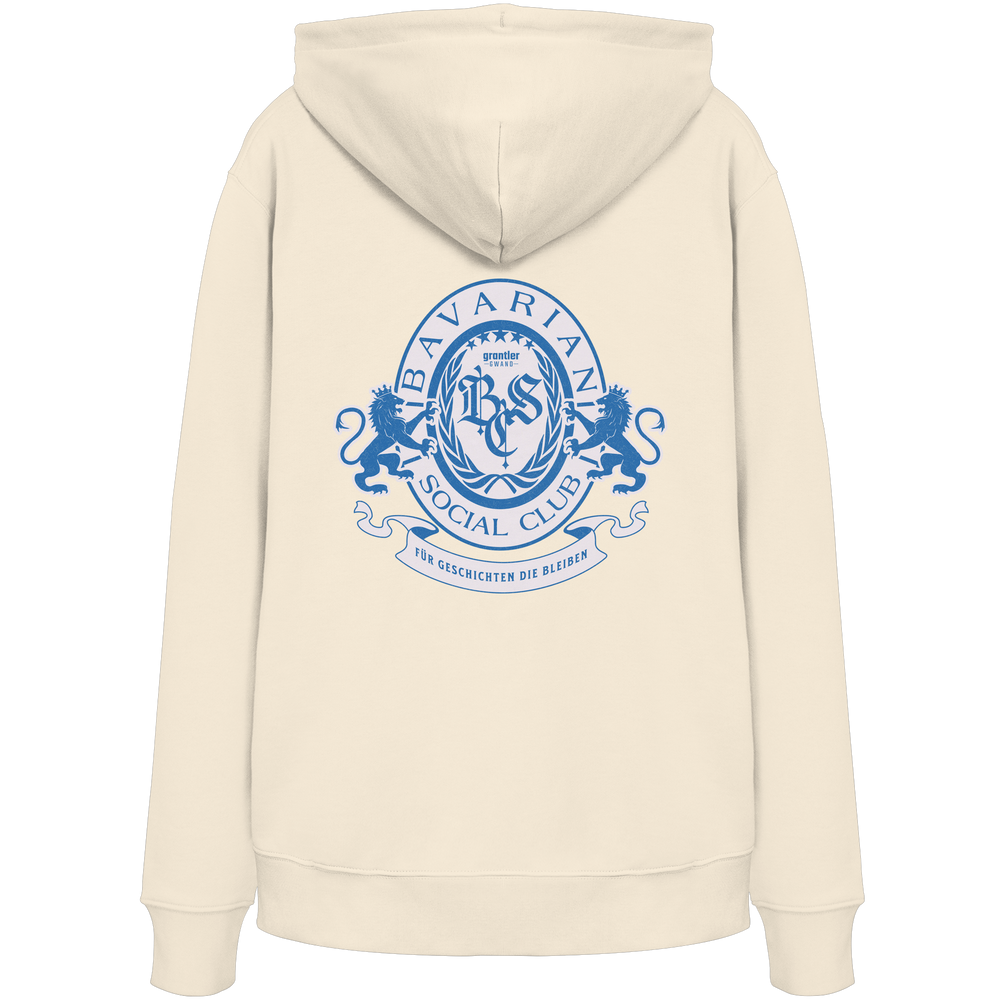 naturfarbener Hoodie mit großem blauen Bavarian Social Club Wappen auf dem Rücken, Lorbeerkranz, Löwen und hochwertigem bayerischen Streetwear-Design.
