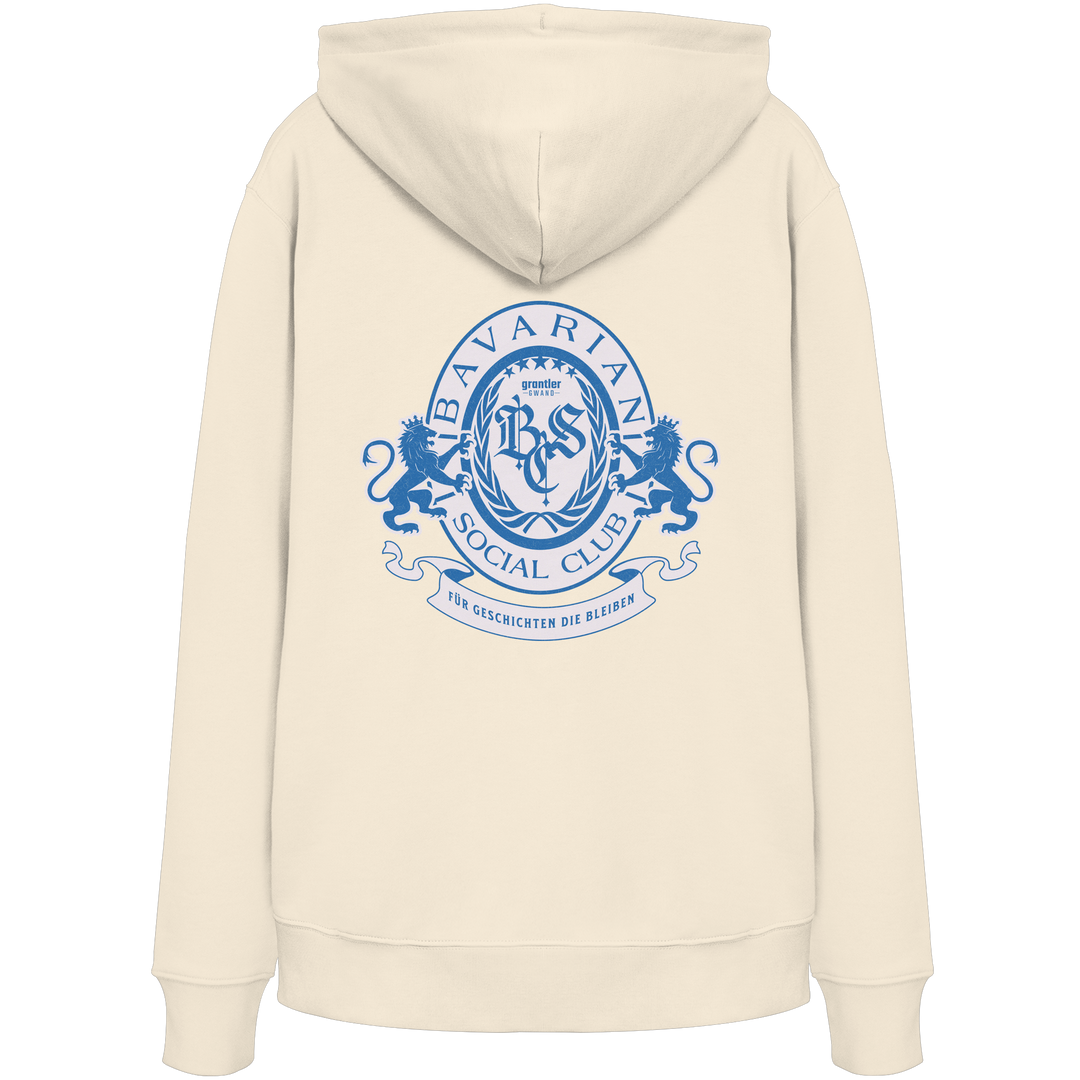 naturfarbener Hoodie mit großem blauen Bavarian Social Club Wappen auf dem Rücken, Lorbeerkranz, Löwen und hochwertigem bayerischen Streetwear-Design.