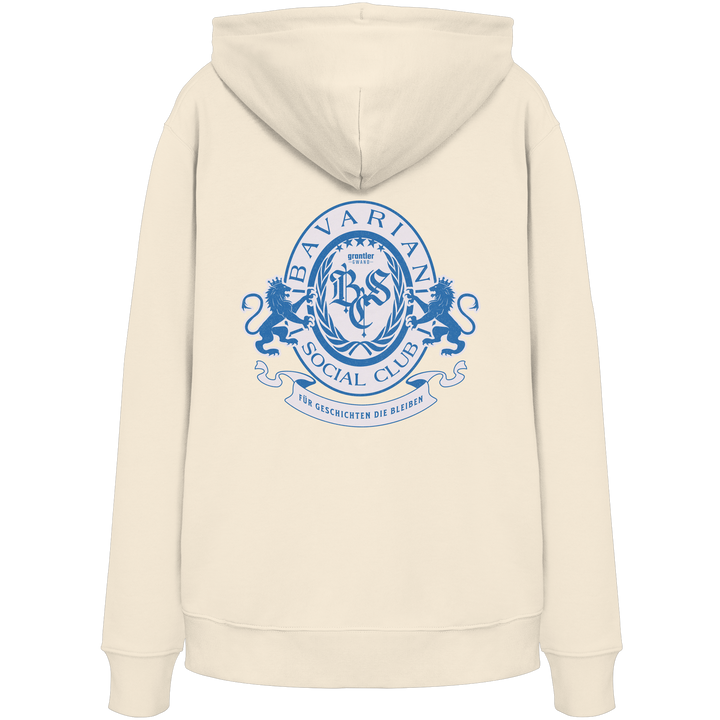 naturfarbener Hoodie mit großem blauen Bavarian Social Club Wappen auf dem Rücken, Lorbeerkranz, Löwen und hochwertigem bayerischen Streetwear-Design.