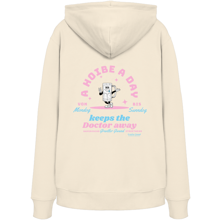 Naturfarbener Hoodie mit großem Backprint „A Hoibe A Day keeps the Doctor away“, einem lächelnden Bierkrug und den Schriftzügen „Von Mondog bis Sunndog“ von Grantler Gwand.