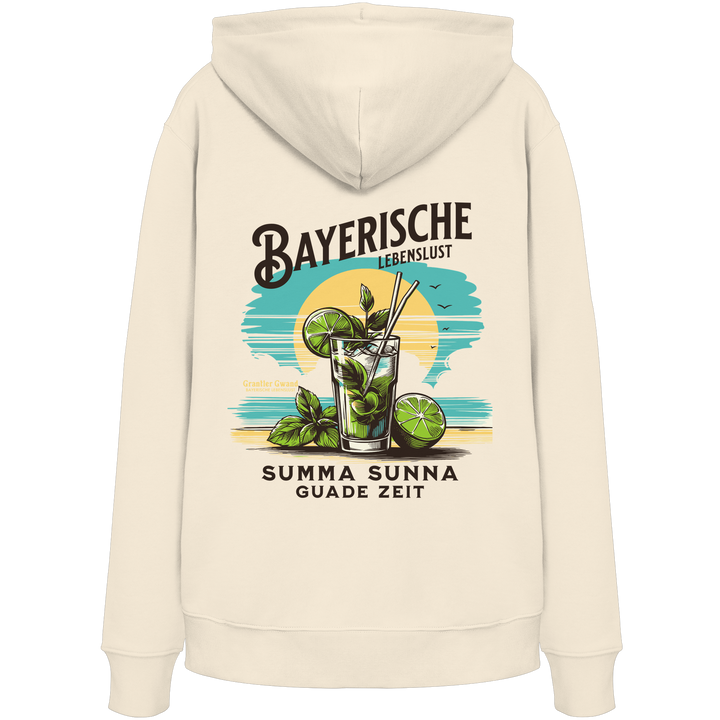 Naturfarbener Hoodie mit großem sommerlichem Backprint „Bayerische Lebenslust – Summa Sunna Guade Zeit“ und farbigem Drink-Motiv.