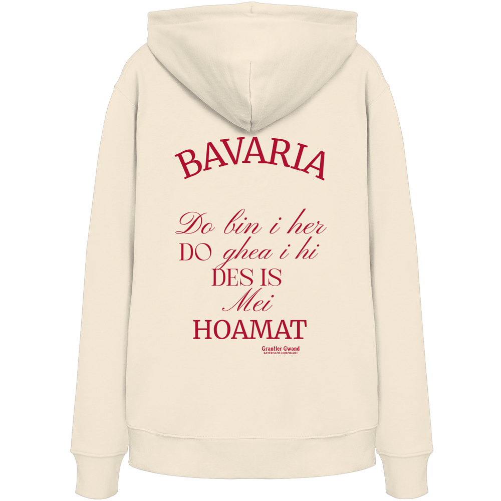 Naturfarbener Hoodie mit großem Backprint „Bavaria – Do bin i her. Do ghea i hi. Des is mei Hoamat.“ in elegantem Typografie-Design.