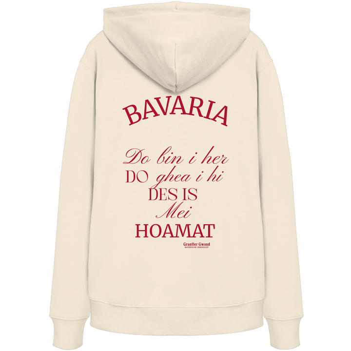 Naturfarbener Hoodie mit großem Backprint „Bavaria – Do bin i her. Do ghea i hi. Des is mei Hoamat.“ in elegantem Typografie-Design.
