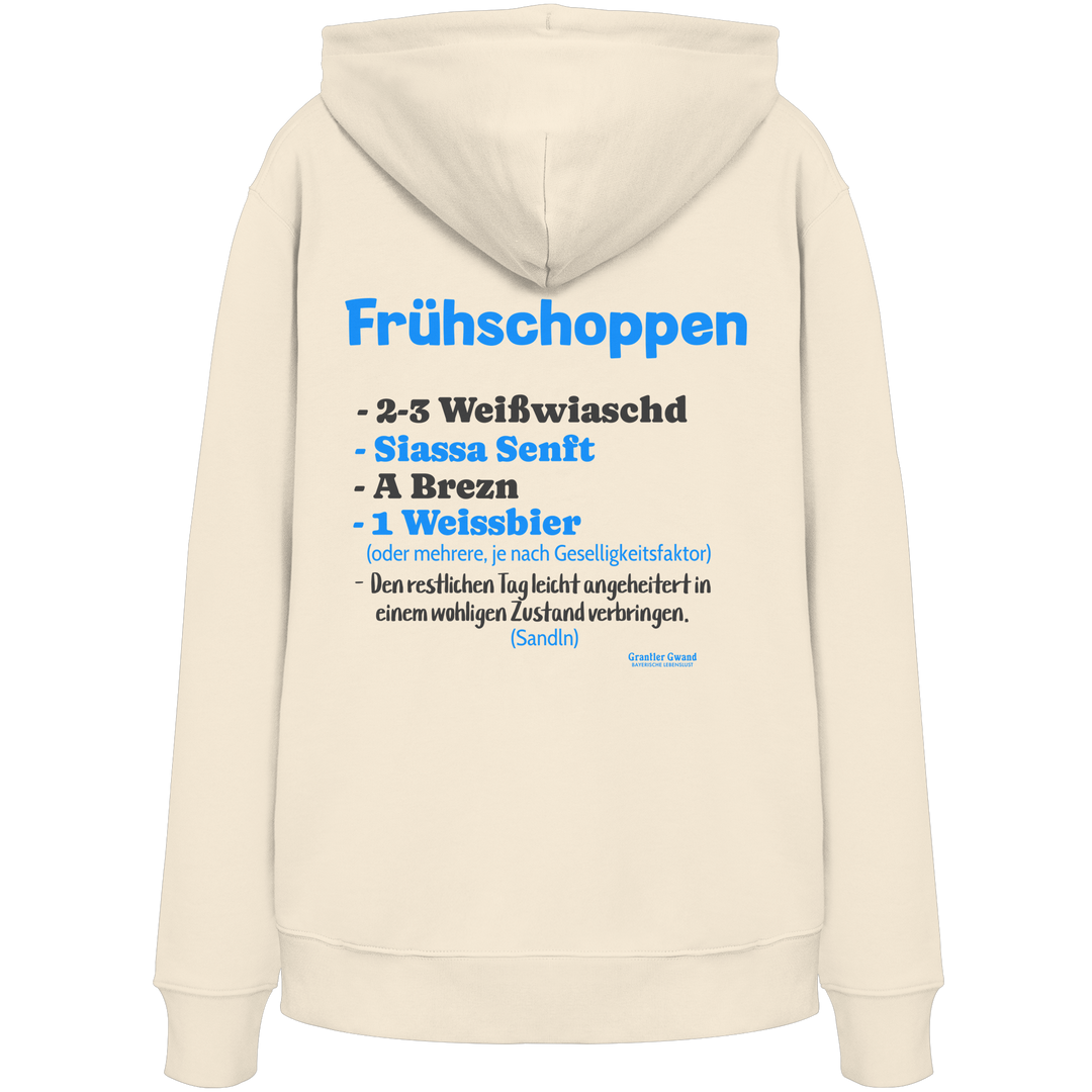 Naturfarbener Oversize Hoodie mit großem Backprint „Frühschoppen“ und humorvoller bayerischer Anleitung zu Weißwurst, Brezn, süßem Senf und Weißbier.