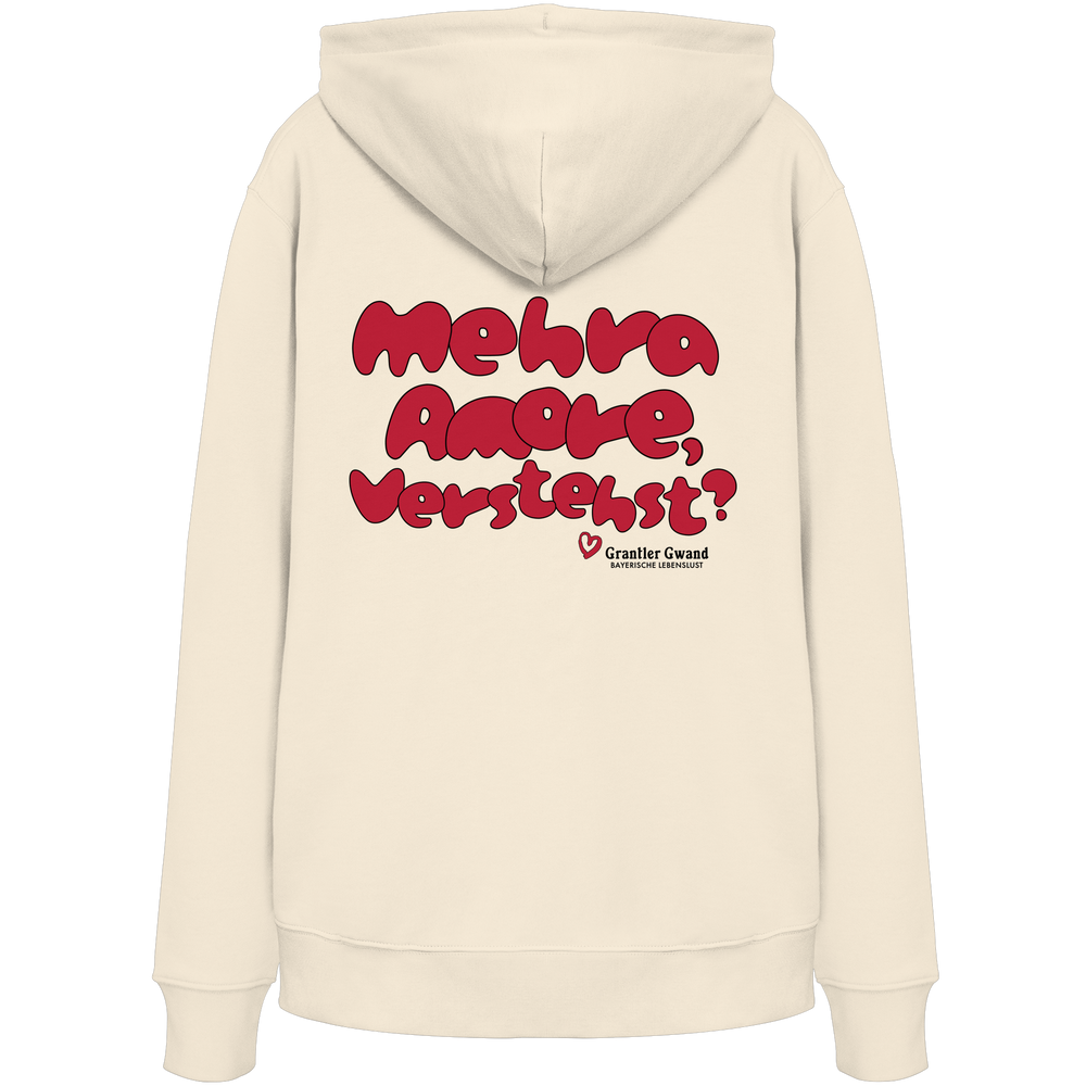 Naturfarbener Hoodie mit großem Backprint „Mehra Amore, verstehst?“ in roter Retro-Typografie.