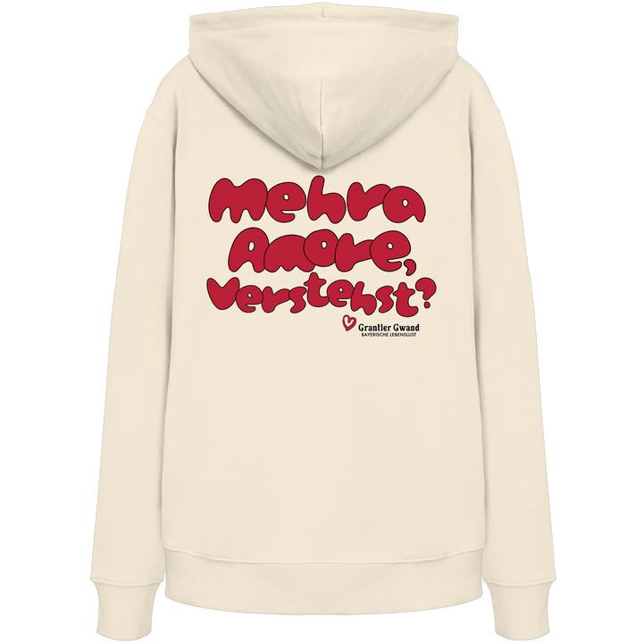 Naturfarbener Hoodie mit großem Backprint „Mehra Amore, verstehst?“ in roter Retro-Typografie.