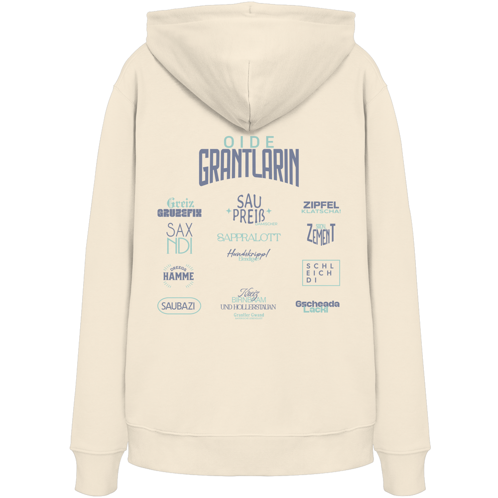 Naturfarbener Oversize Hoodie mit großem Backprint „Oide Grantlarin“ sowie bayerischen Dialektbegriffen im modernen Typografie-Design von Grantler Gwand.